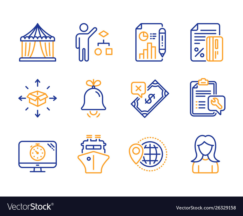 Circus tent spanner and report document icons set vector image Circus tent spanner and report document icons set