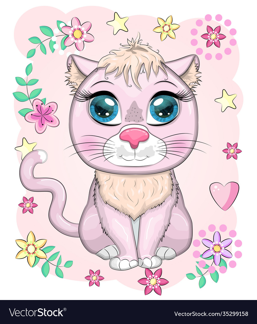 Cute cartoon pink cat kitten on a background Vector Image