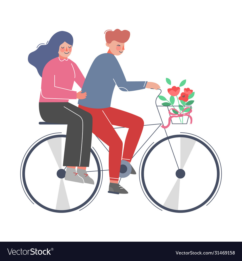 Happy Romantic Couple Riding Bike With Bouquet Of Vector Image 3379