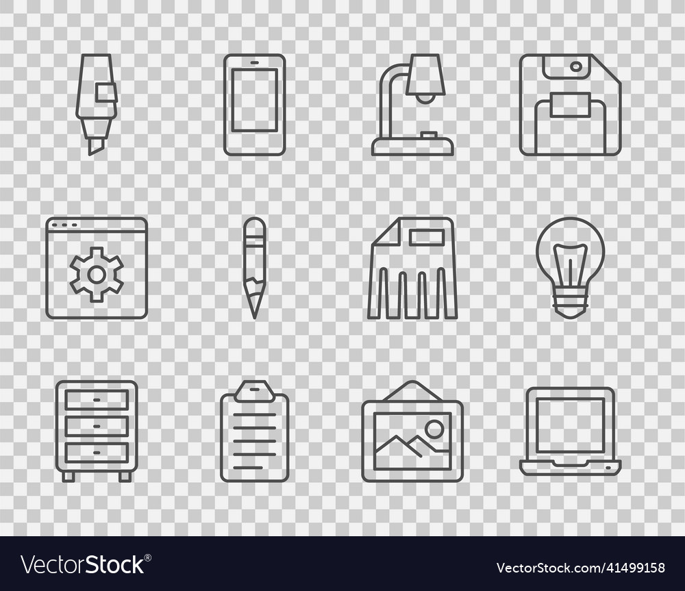 Set line archive papers drawer laptop table lamp vector image Set line archive papers drawer laptop table lamp