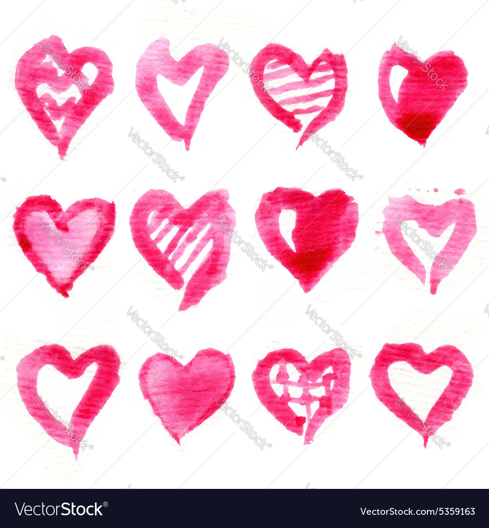 Big set of pink watercolor hearts