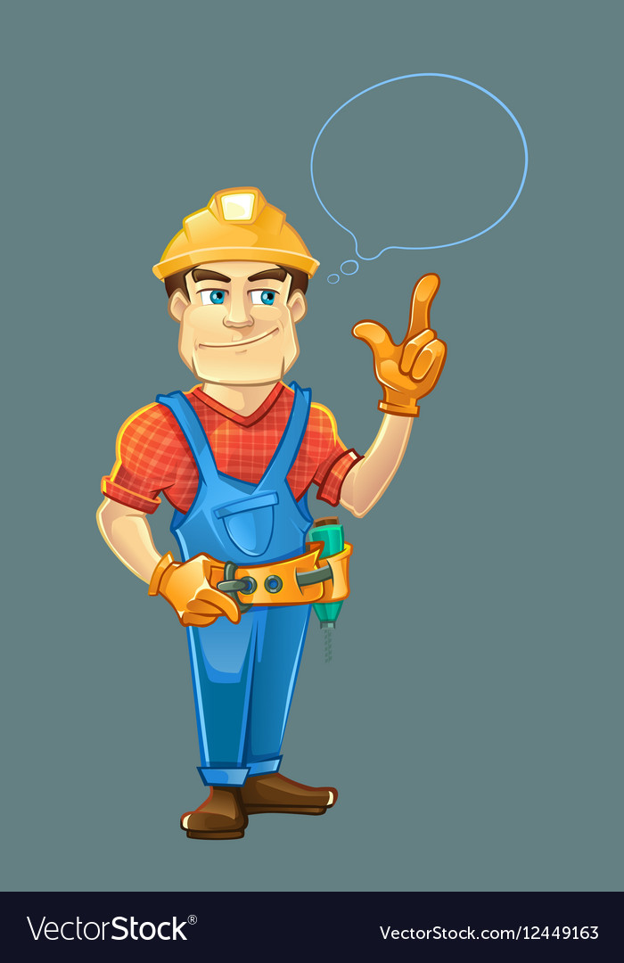 Builder or handyman in helmet pointing top