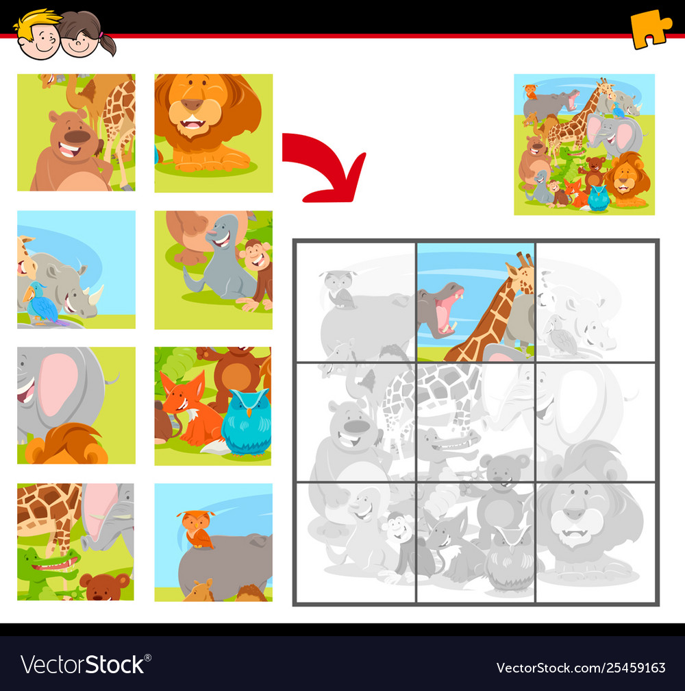 Jigsaw puzzles with cartoon happy animals Vector Image