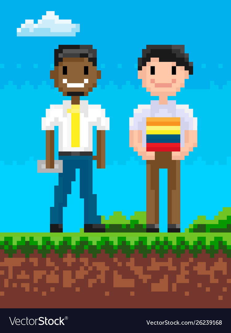 Pixel people on field friends pixelated graphics vector image Pixel people on field friends pixelated graphics