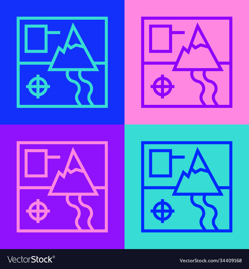 Pop art line folded map icon isolated on color vector image Pop art line folded map icon isolated on color