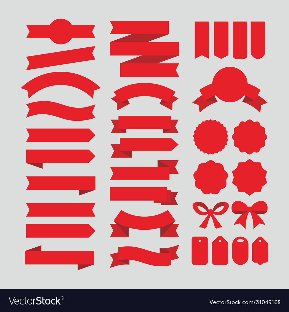 Set different empty flat red ribbon and label