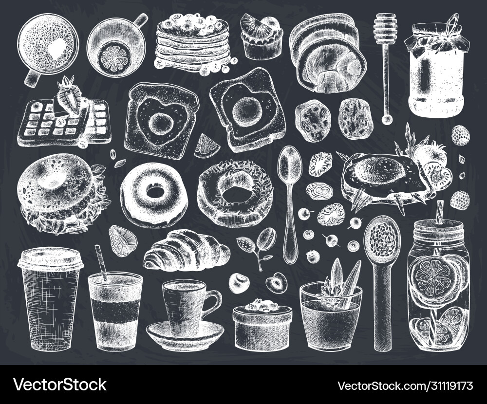 Breakfast dishes collection on chalk board Vector Image