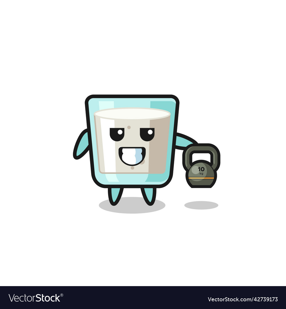 Milk mascot lifting kettlebell in the gym Vector Image