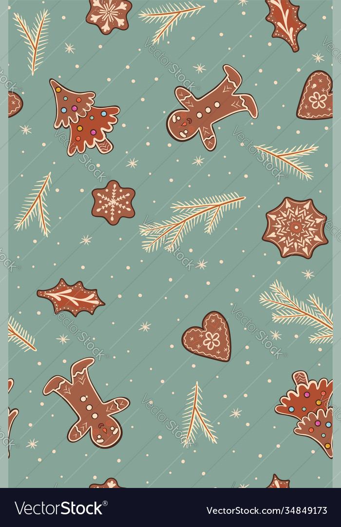 Seamless pattern with gingerbread and twigs vector image Seamless pattern with gingerbread and twigs