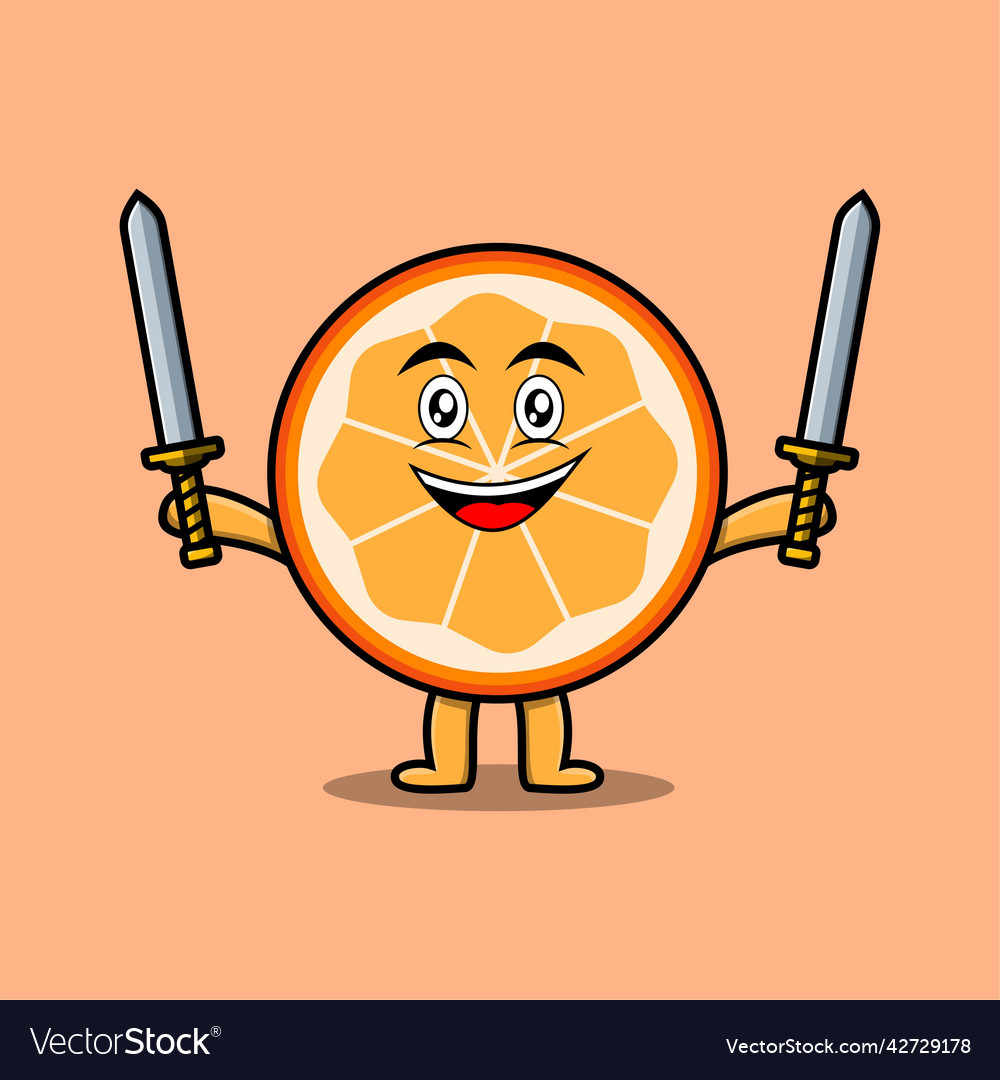 Cute cartoon orange fruit holding two sword vector image Cute cartoon orange fruit holding two sword
