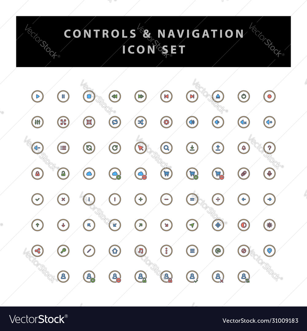 Control and navigation icon set with filled