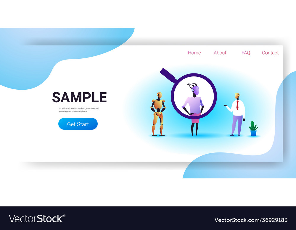 Robotic characters with magnifying zoom choosing vector image Robotic characters with magnifying zoom choosing