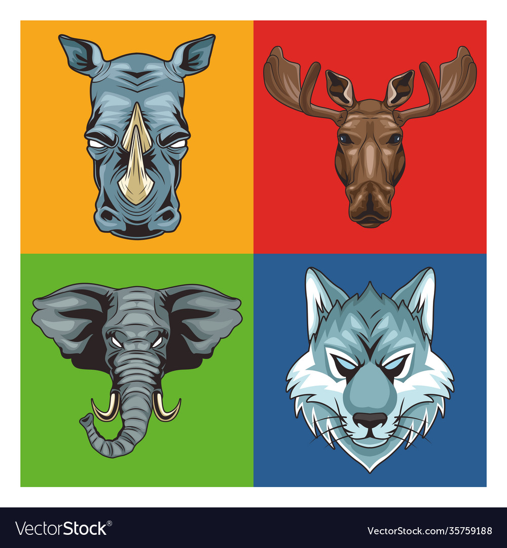 Bundle four wild animals heads characters