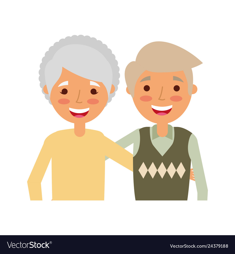 Elderly couple embrace characters white background