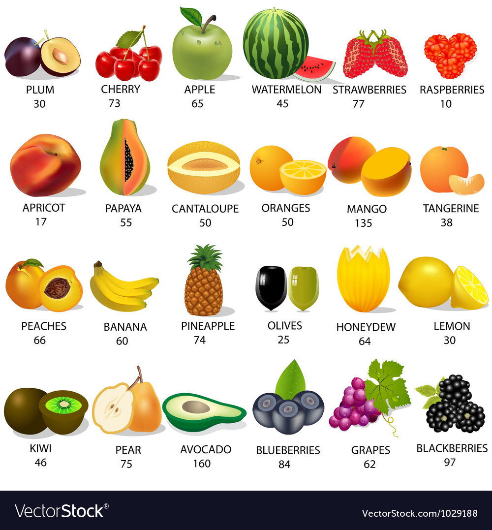 Set amount calories in fruit on white Royalty Free Vector