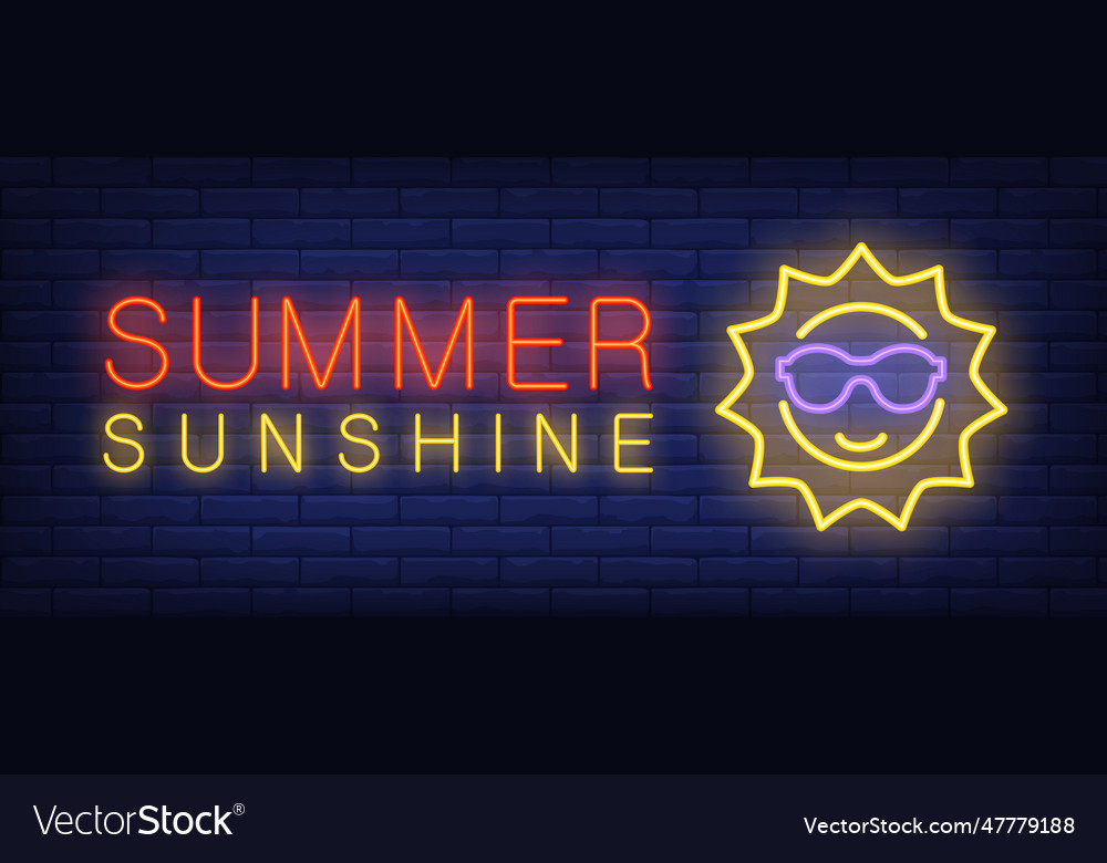 Summer sunshine neon text with sun in sunglasses