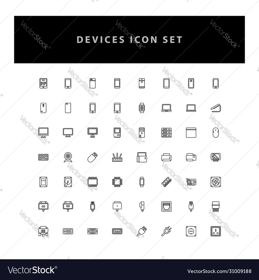 Technology device icon set with outline design