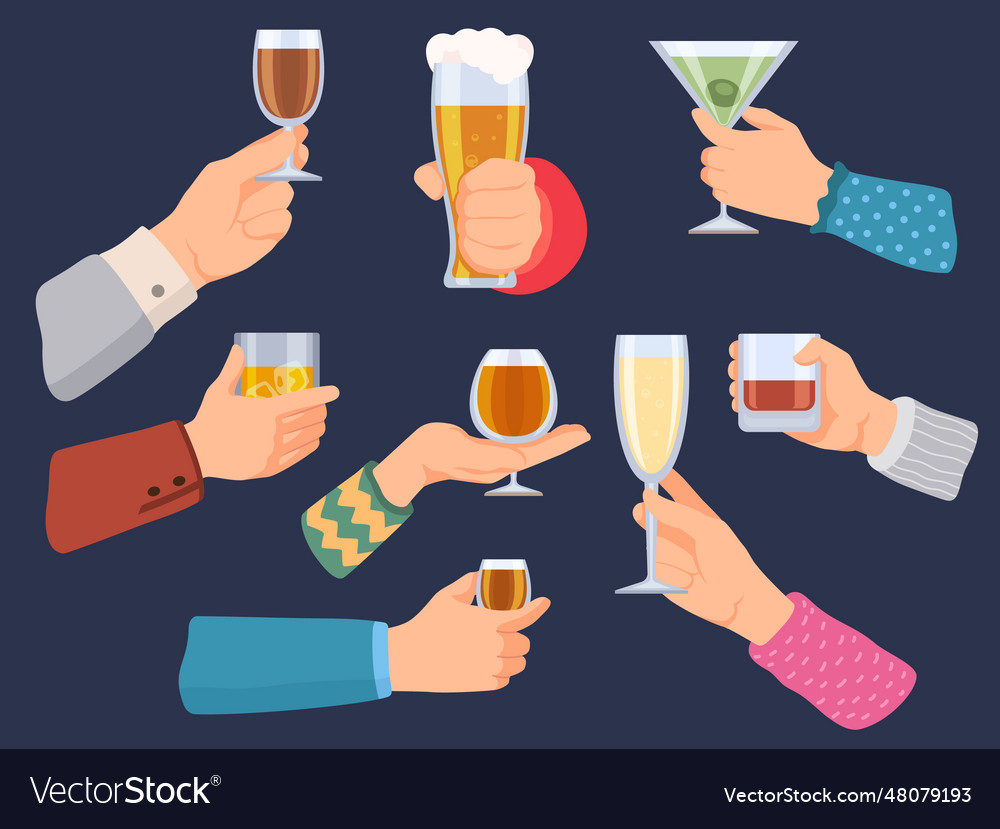 Hands hold alcoholic drinks man and woman