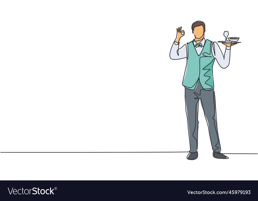 Single continuous line drawing waiter stood up