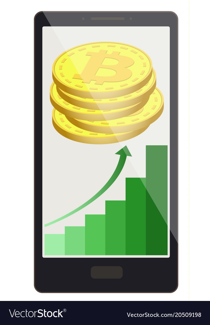 Bitcoin coins with growth graph on a phone screen