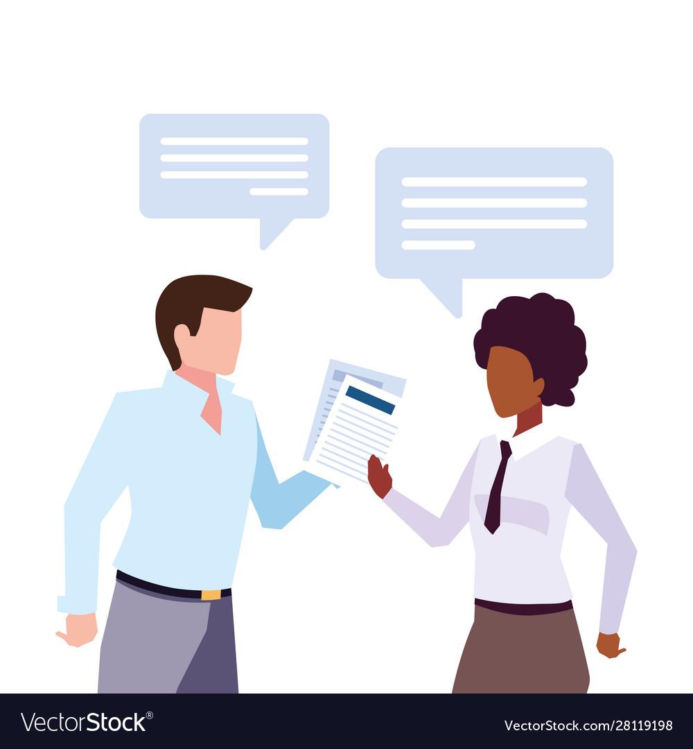 Business couple with speech bubble on white