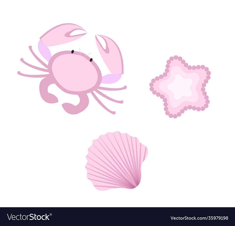 Cute crab and seashell icon flat cartoon style