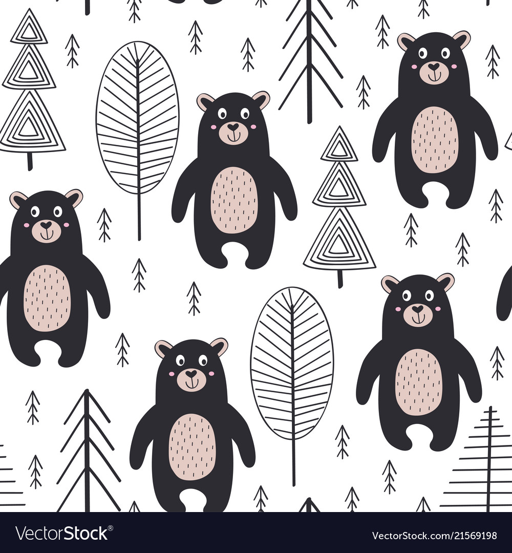 Seamless pattern with bear in forest scandinavian vector image Seamless pattern with bear in forest scandinavian