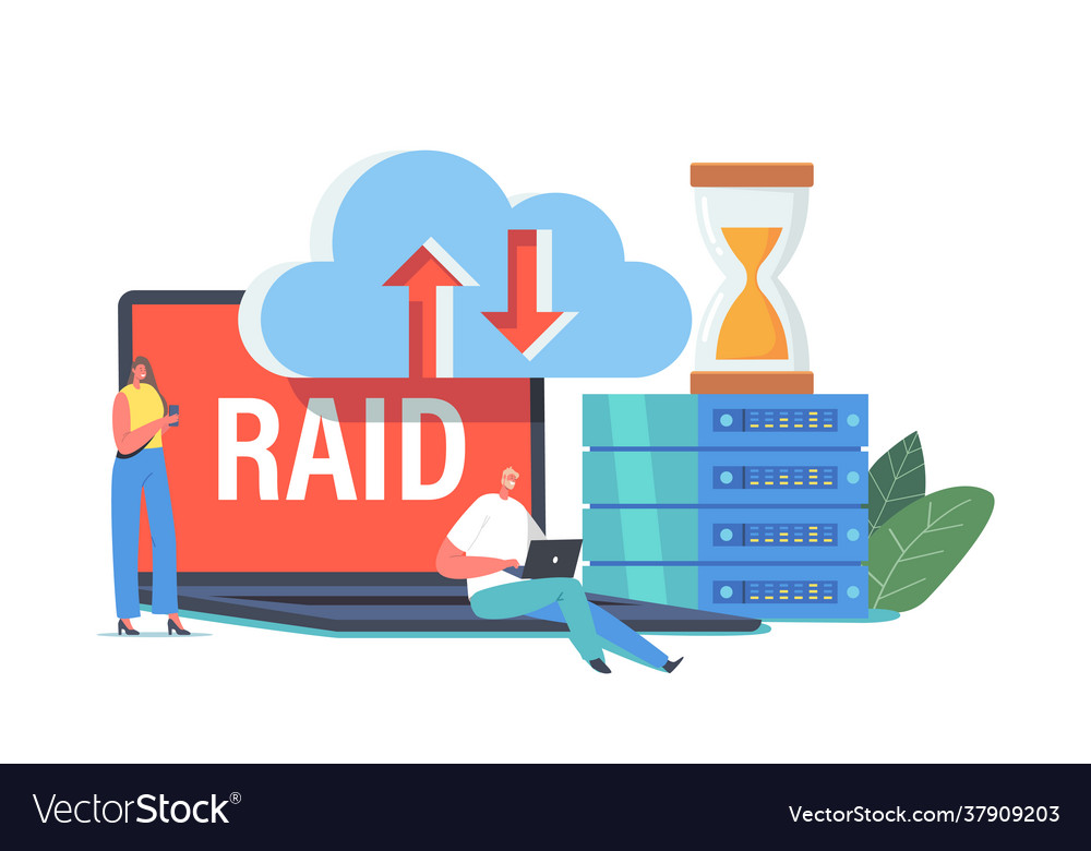 Raid data storage in datacenter tiny characters vector image Raid data storage in datacenter tiny characters