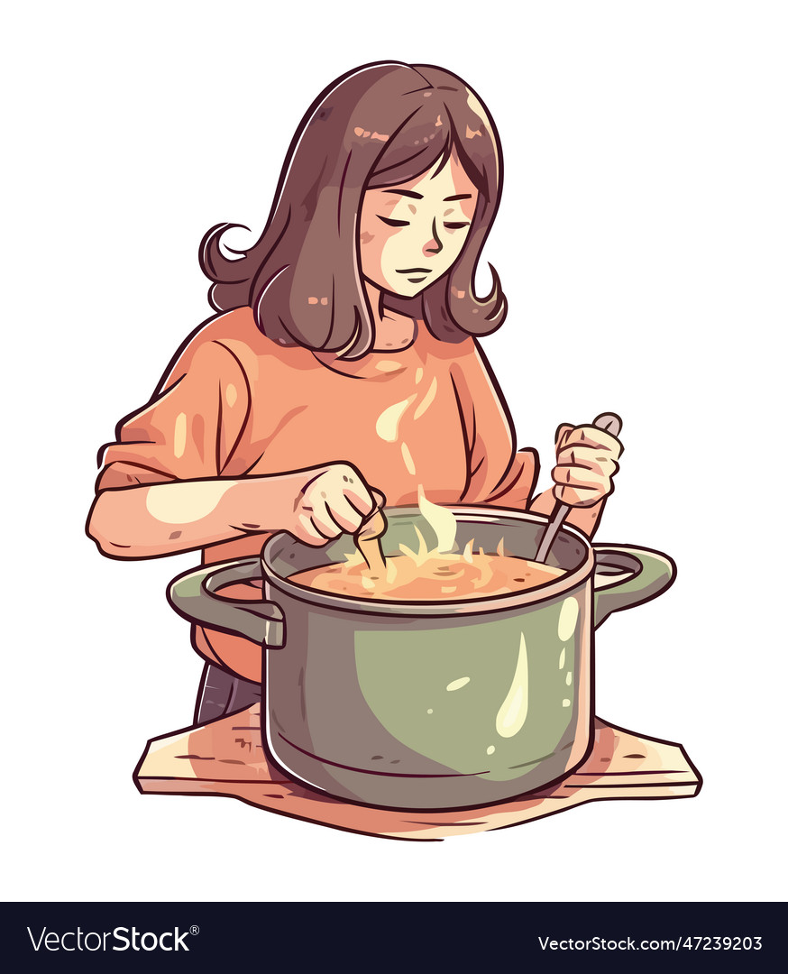 Woman with stirring soup in cauldron Royalty Free Vector