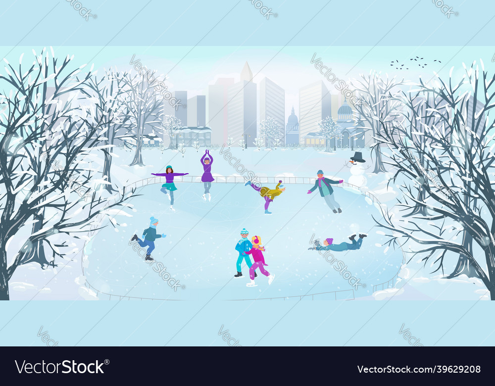 An ice rink in a winter park with people skating Vector Image An ice rink in a winter park with people skating