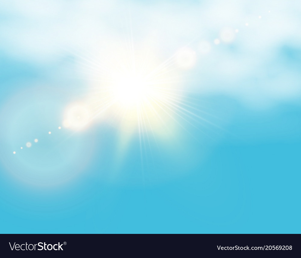 Realistic shining sun with lens flare blue sky