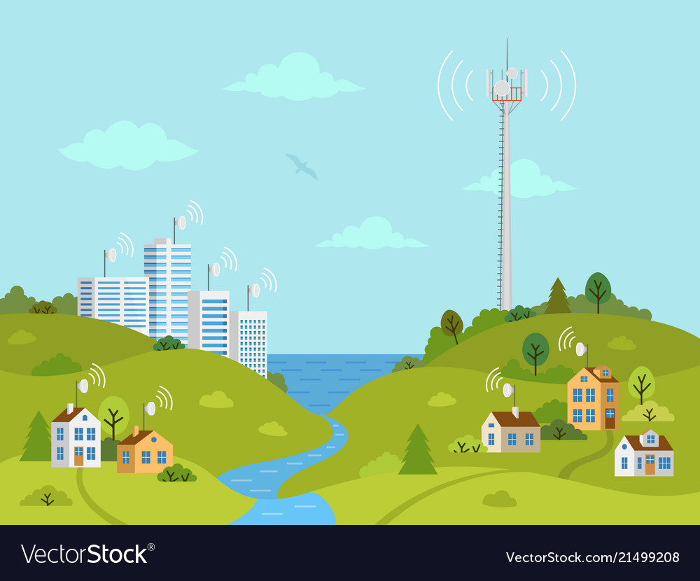 Transmission tower on landscape with signal waves