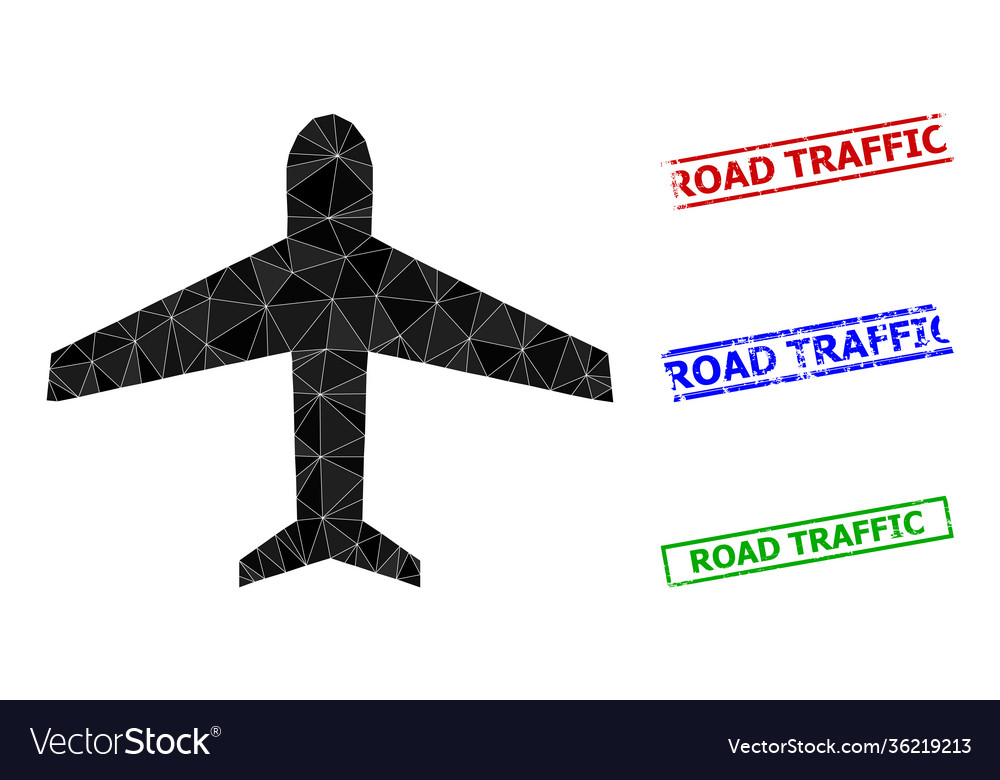 Airplane polygonal icon and grunge road traffic