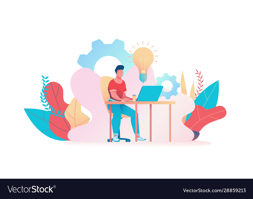 Man sits at laptop search solution to problem vector image Man sits at laptop search solution to problem