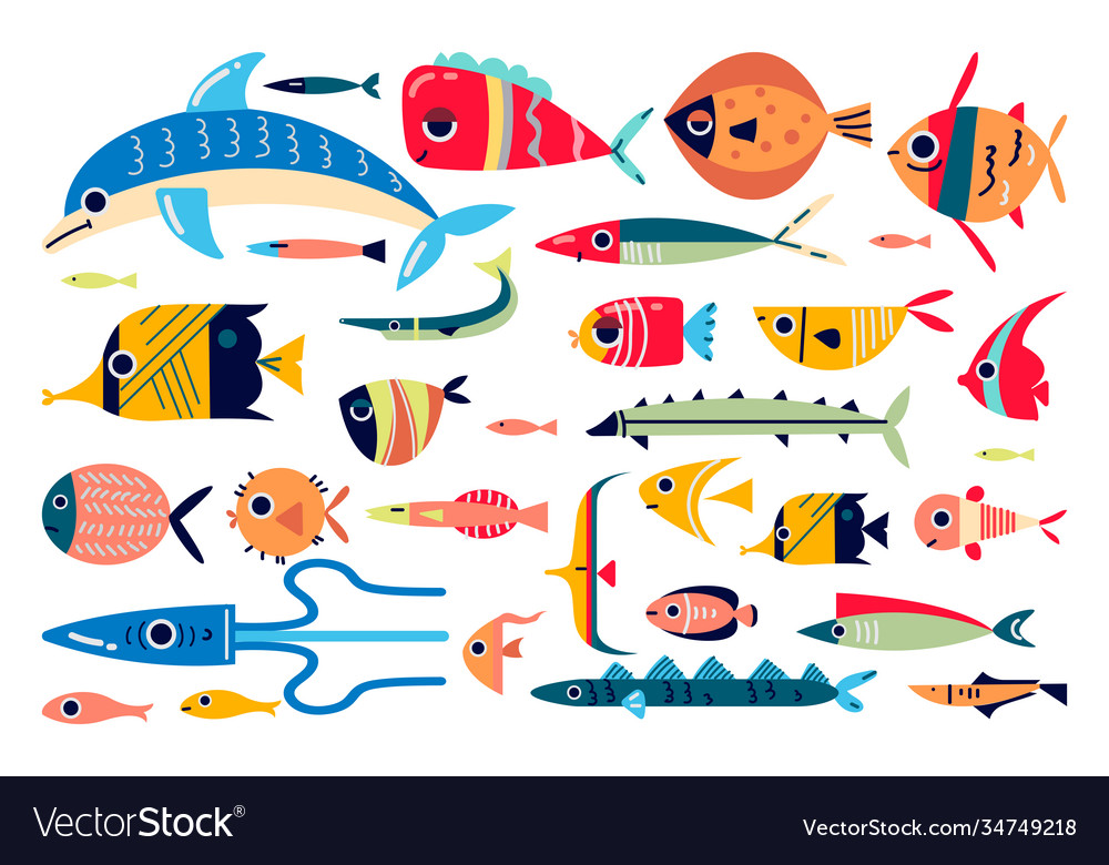 Ocean fish doodle print set Royalty Free Vector Image