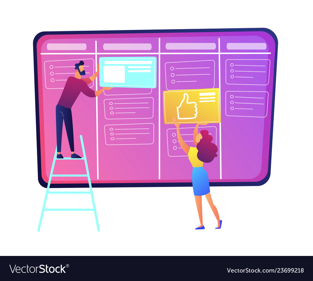 Programmers putting cards on kanban board vector image Programmers putting cards on kanban board