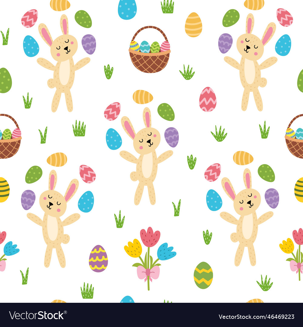 Easter bunny juggling eggs seamless pattern cute