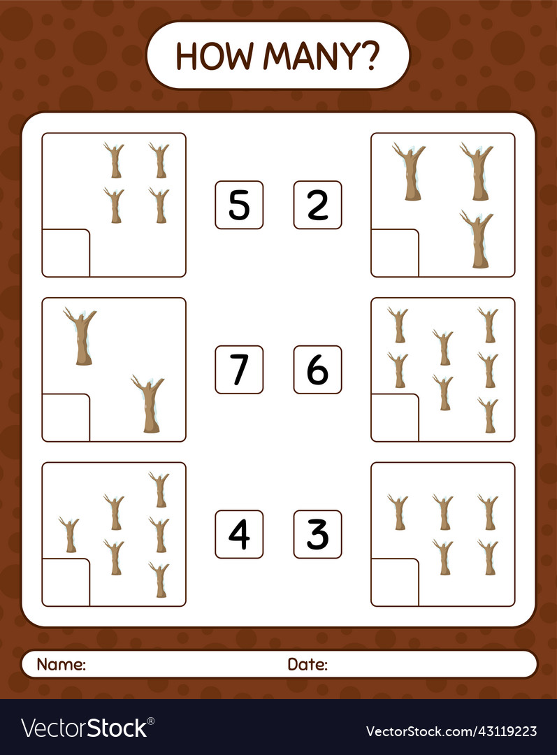 How many counting game with dead tree worksheet vector image How many counting game with dead tree worksheet