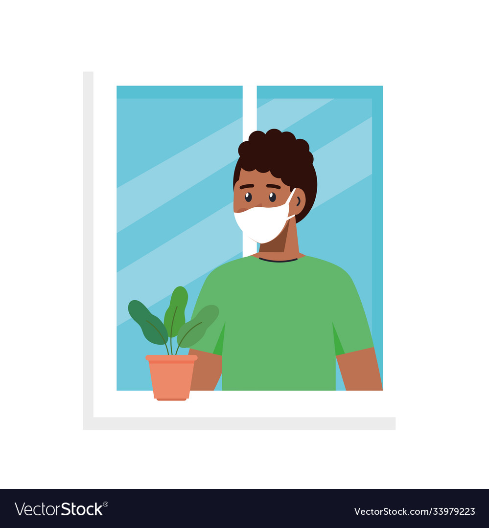 Man cartoon with medical mask at window plant