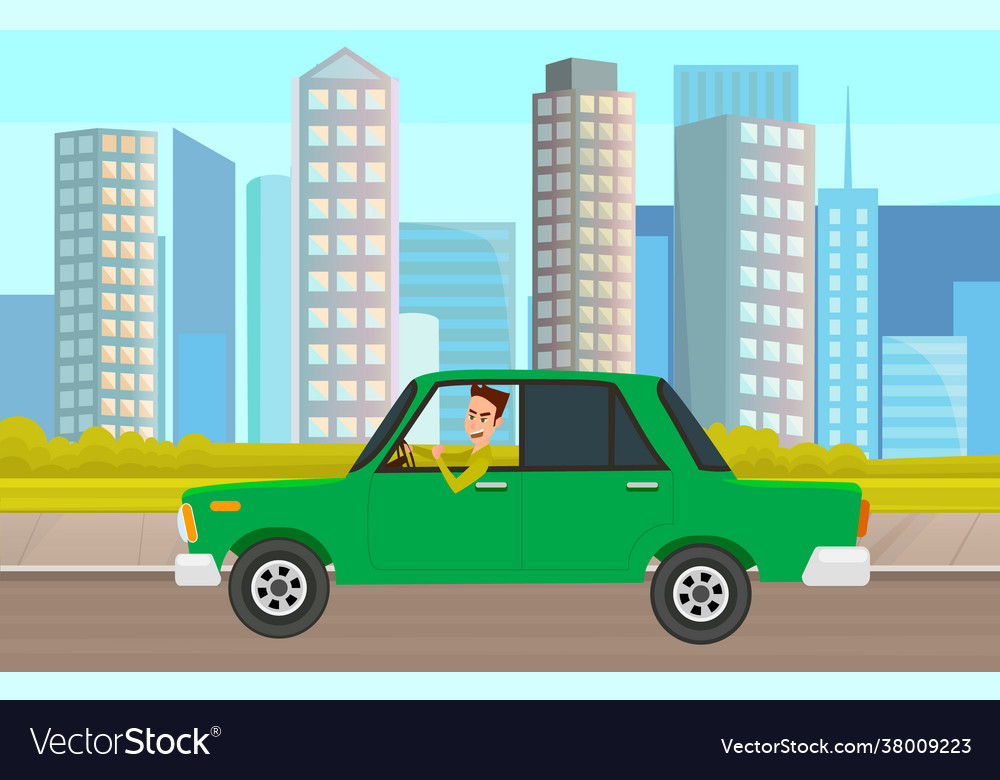 Modern car parking along town street in cartoon Vector Image