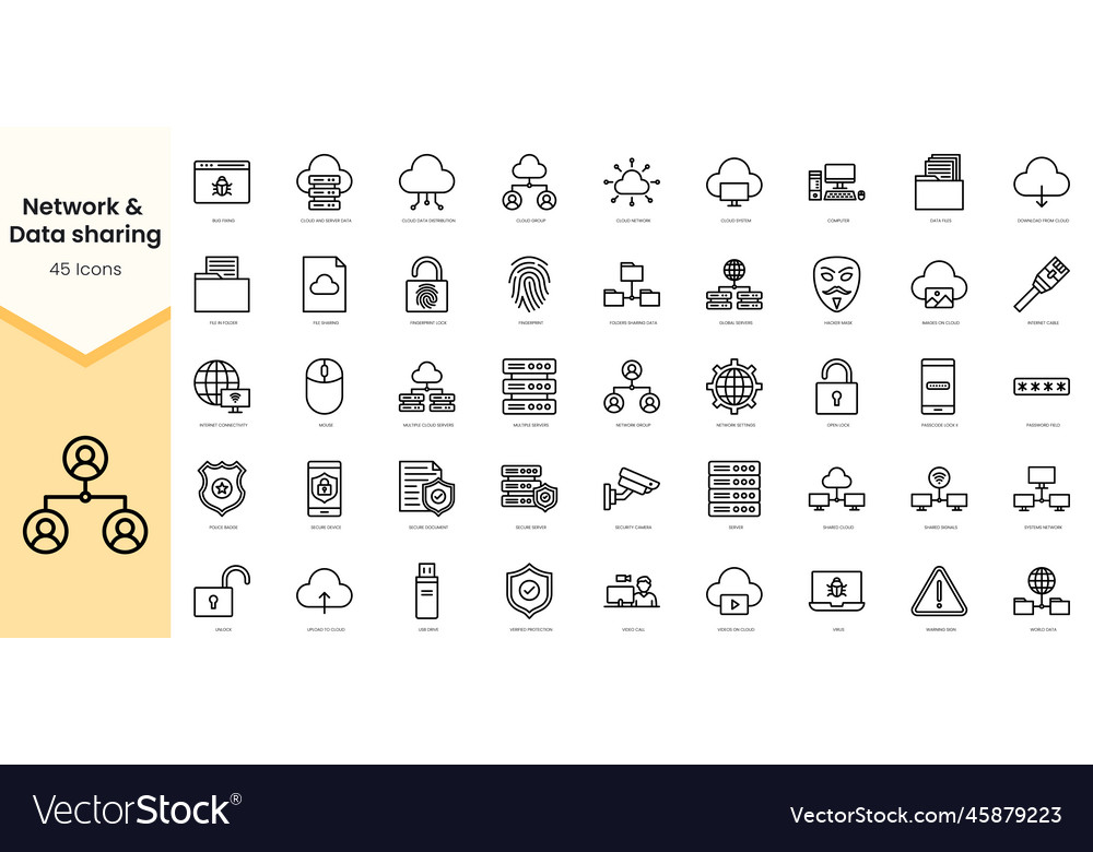 Set of network and data sharing icons simple line