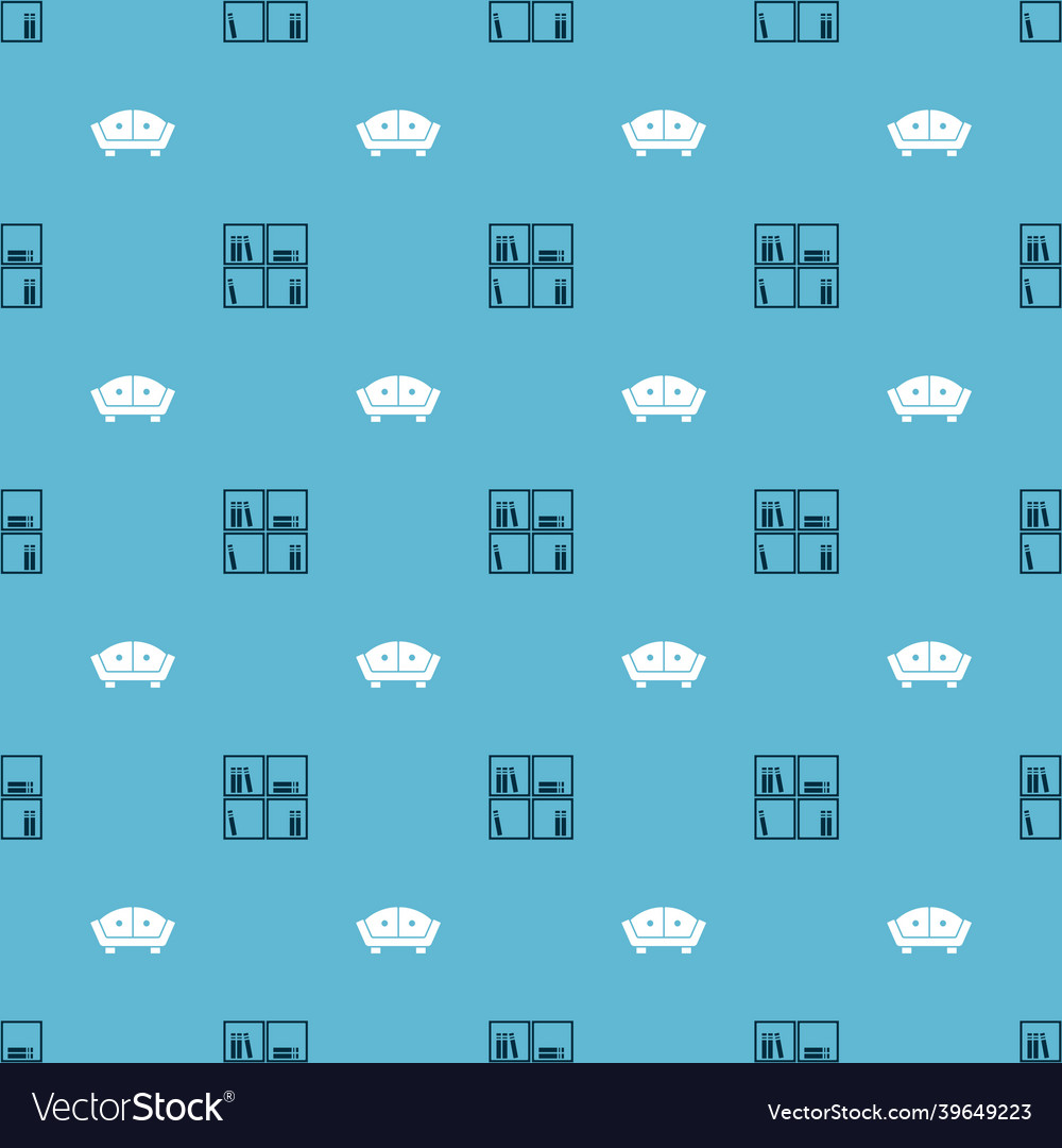Set shelf with books and sofa on seamless pattern