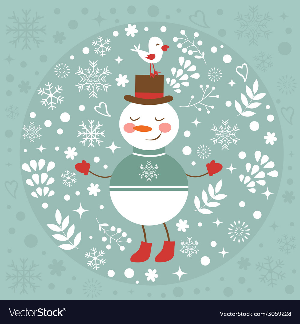 Beautiful christmas card with snowman and bird