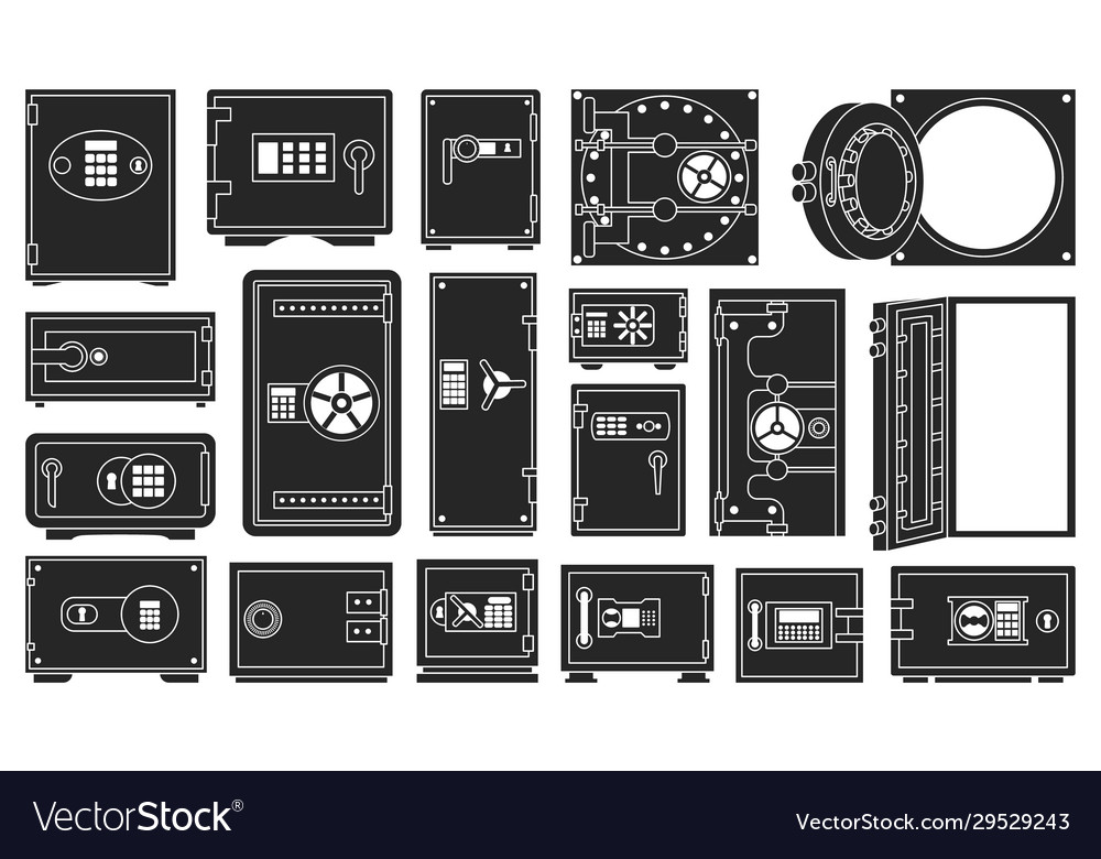 Bank safe black set icon isolated