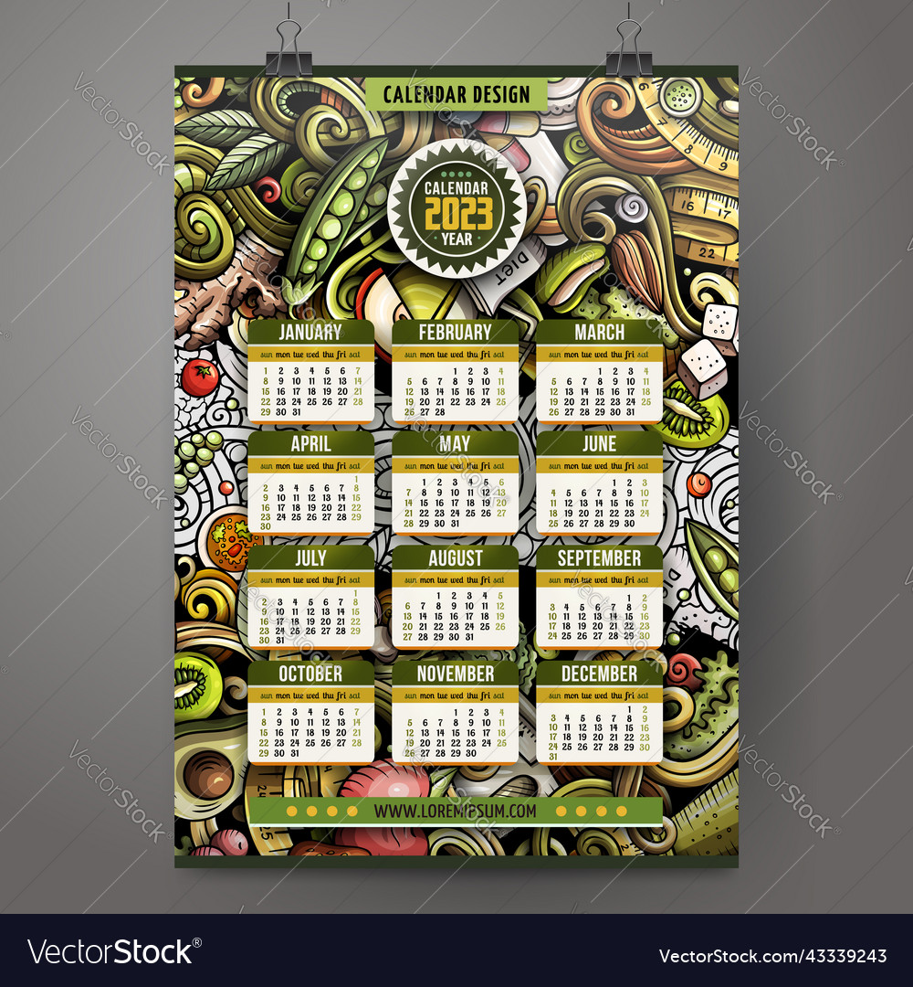 Cartoon colorful doodles diet food 2023 year vector image Cartoon colorful doodles diet food 2023 year