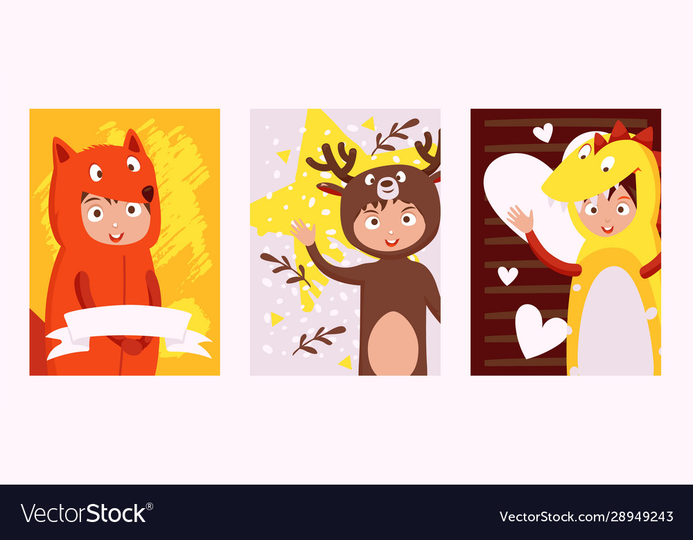 Children in costumes animals set banners vector image Children in costumes animals set banners