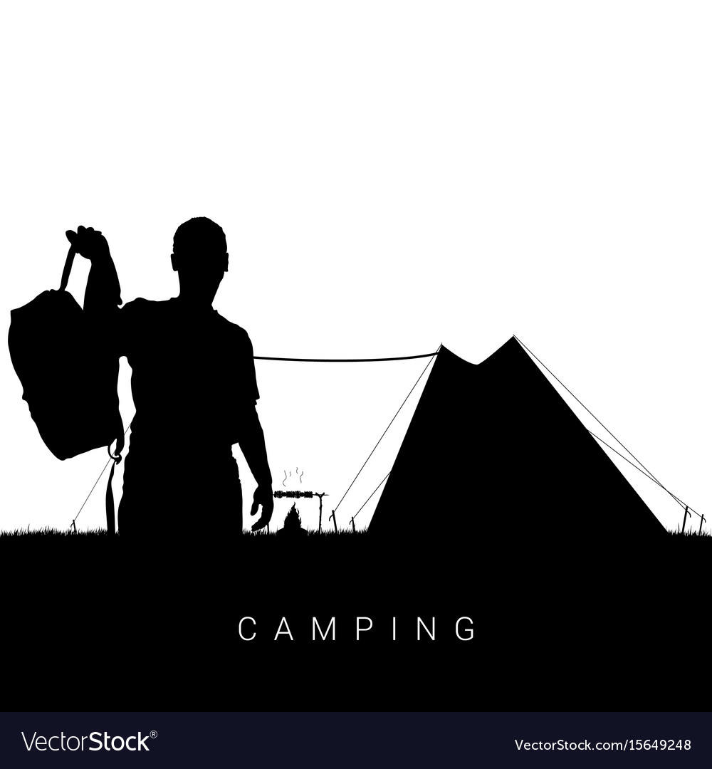 Camping in nature man silhouette black Royalty Free Vector