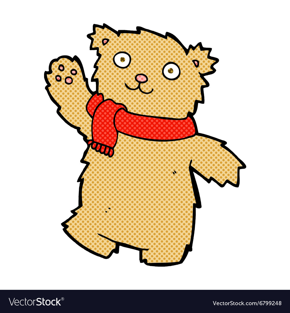 Comic cartoon teddy bear wearing scarf