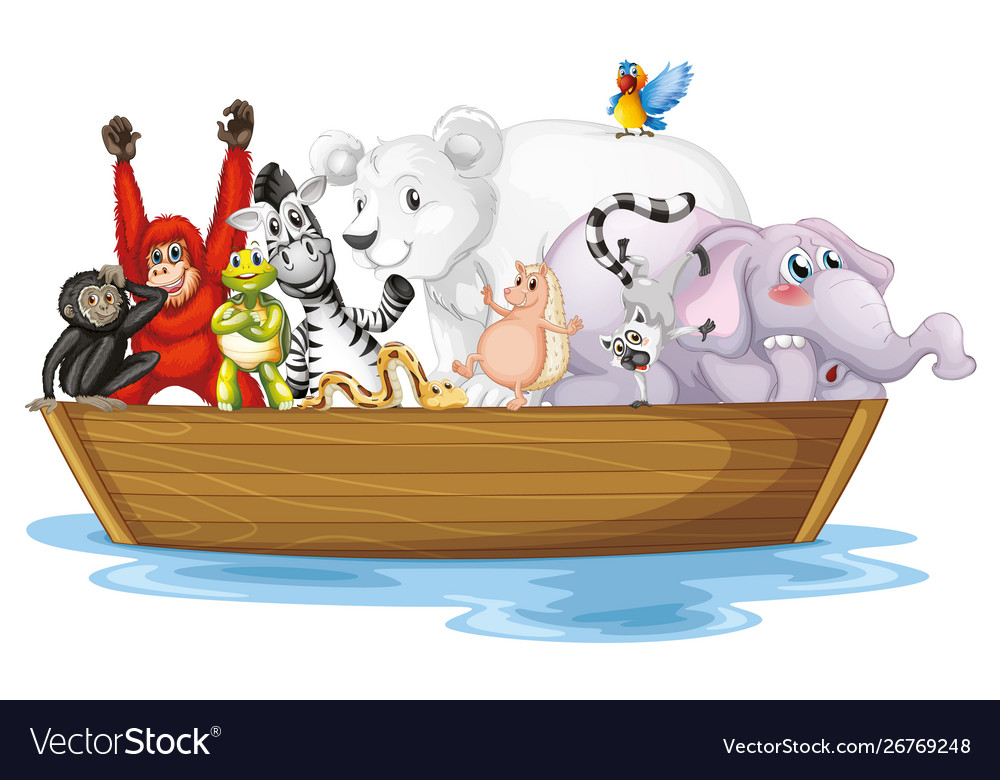 Many wild animals in small boat Royalty Free Vector Image