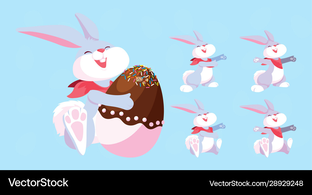 Set bunnies with easter eggs happy easter Vector Image